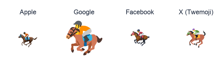 Horse Racing emoji artwork compared side by side for Apple, Google Noto, Facebook, and X Twemoji styles on white.