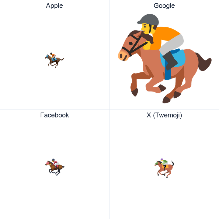 Horse Racing emoji in a square grid: Apple and Google on the top row, Facebook and X Twemoji on the bottom, on white.