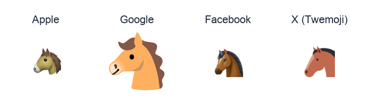 Horse Face emoji artwork compared side by side for Apple, Google Noto, Facebook, and X Twemoji styles on white.