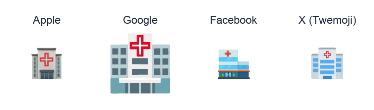 Hospital emoji artwork compared side by side for Apple, Google Noto, Facebook, and X Twemoji styles on white.