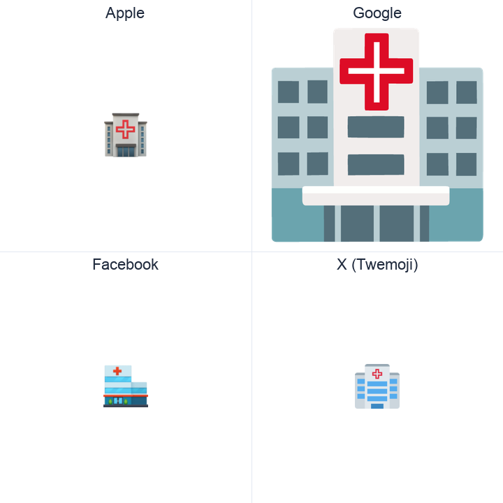 Hospital emoji in a square grid: Apple and Google on the top row, Facebook and X Twemoji on the bottom, on white.