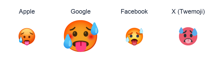 Overheated Face emoji artwork compared side by side for Apple, Google Noto, Facebook, and X Twemoji styles on white.