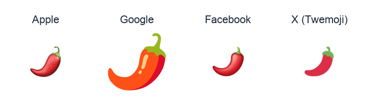 Hot Pepper emoji artwork compared side by side for Apple, Google Noto, Facebook, and X Twemoji styles on white.