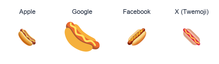 Hot Dog emoji artwork compared side by side for Apple, Google Noto, Facebook, and X Twemoji styles on white.
