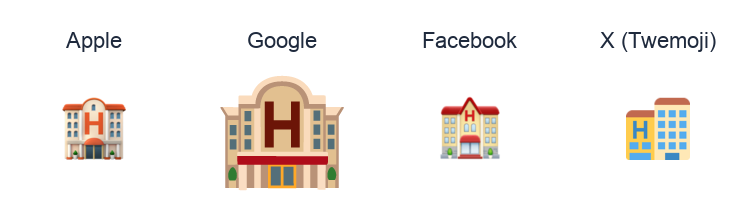 Hotel emoji artwork compared side by side for Apple, Google Noto, Facebook, and X Twemoji styles on white.