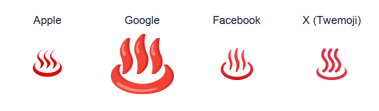 Hot Springs emoji artwork compared side by side for Apple, Google Noto, Facebook, and X Twemoji styles on white.