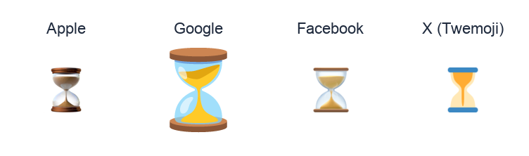 Hourglass With Flowing Sand emoji artwork compared side by side for Apple, Google Noto, Facebook, and X Twemoji styles on white.
