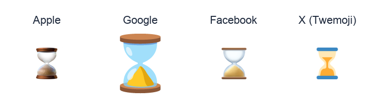 Hourglass emoji artwork compared side by side for Apple, Google Noto, Facebook, and X Twemoji styles on white.