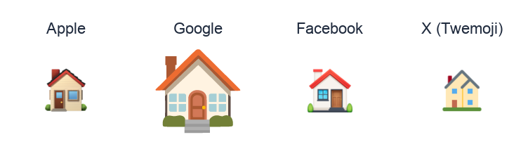 House Building emoji artwork compared side by side for Apple, Google Noto, Facebook, and X Twemoji styles on white.
