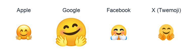 Hugging Face emoji artwork compared side by side for Apple, Google Noto, Facebook, and X Twemoji styles on white.