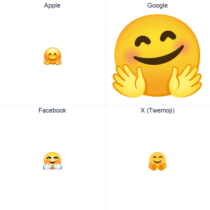 Hugging Face emoji in a square grid: Apple and Google on the top row, Facebook and X Twemoji on the bottom, on white.