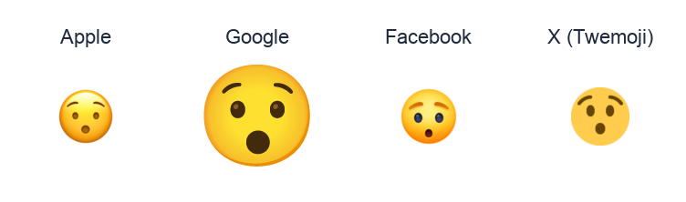 Hushed Face emoji artwork compared side by side for Apple, Google Noto, Facebook, and X Twemoji styles on white.