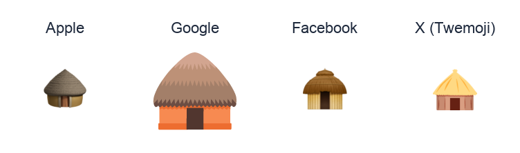Hut emoji artwork compared side by side for Apple, Google Noto, Facebook, and X Twemoji styles on white.