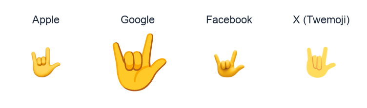 I Love You Hand Sign emoji artwork compared side by side for Apple, Google Noto, Facebook, and X Twemoji styles on white.