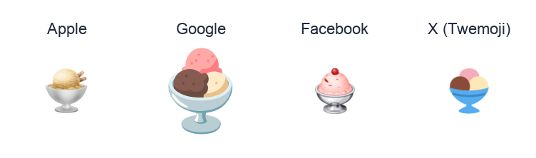Ice Cream emoji artwork compared side by side for Apple, Google Noto, Facebook, and X Twemoji styles on white.
