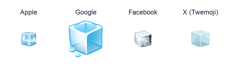 Ice Cube emoji artwork compared side by side for Apple, Google Noto, Facebook, and X Twemoji styles on white.