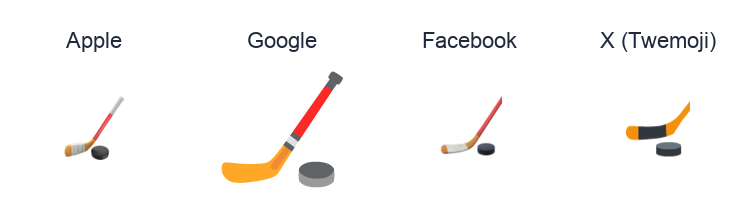Ice Hockey Stick And Puck emoji artwork compared side by side for Apple, Google Noto, Facebook, and X Twemoji styles on white.