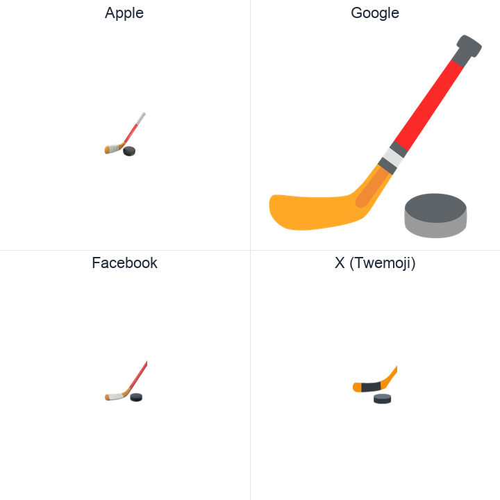 Ice Hockey Stick And Puck emoji in a square grid: Apple and Google on the top row, Facebook and X Twemoji on the bottom, on white.