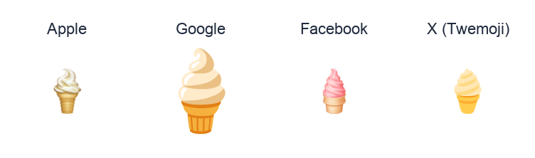 Soft Ice Cream emoji artwork compared side by side for Apple, Google Noto, Facebook, and X Twemoji styles on white.