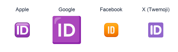 Squared Id emoji artwork compared side by side for Apple, Google Noto, Facebook, and X Twemoji styles on white.