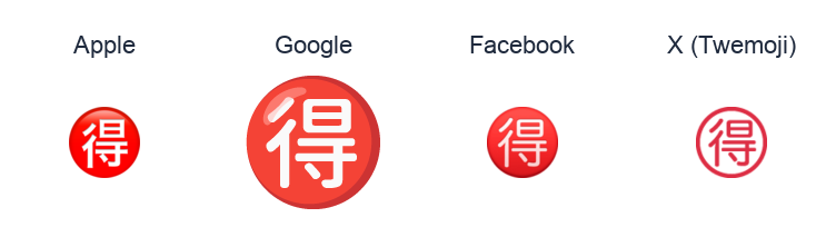 Circled Ideograph Advantage emoji artwork compared side by side for Apple, Google Noto, Facebook, and X Twemoji styles on white.