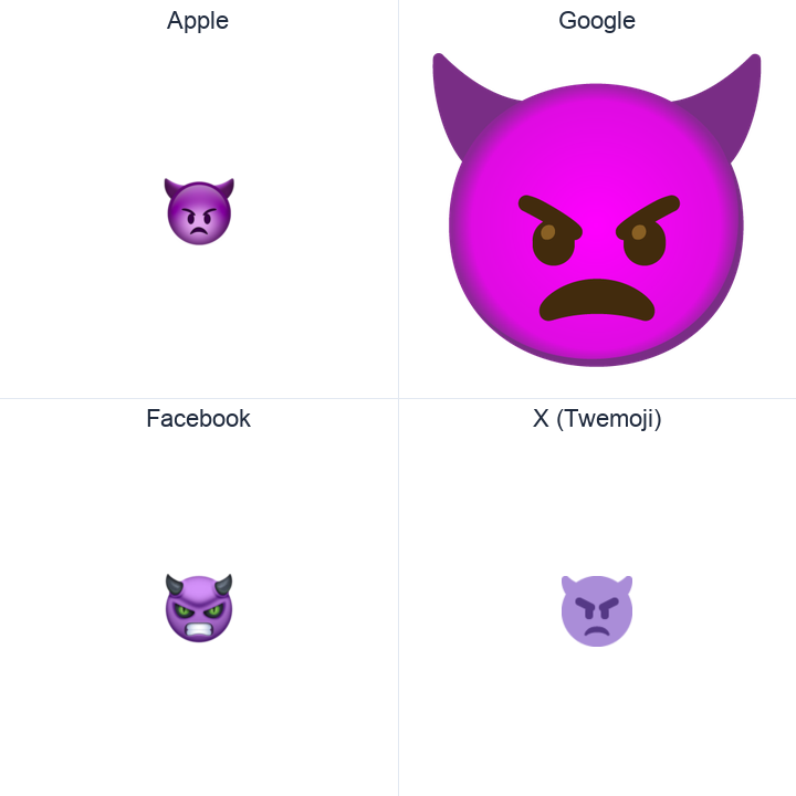 Imp emoji in a square grid: Apple and Google on the top row, Facebook and X Twemoji on the bottom, on white.