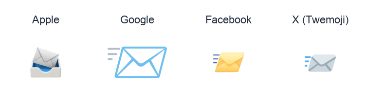Incoming Envelope emoji artwork compared side by side for Apple, Google Noto, Facebook, and X Twemoji styles on white.