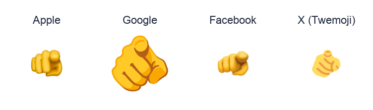 Index Pointing At The Viewer emoji artwork compared side by side for Apple, Google Noto, Facebook, and X Twemoji styles on white.