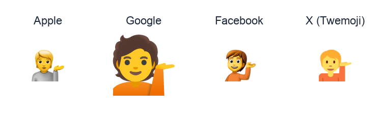 Information Desk Person emoji artwork compared side by side for Apple, Google Noto, Facebook, and X Twemoji styles on white.