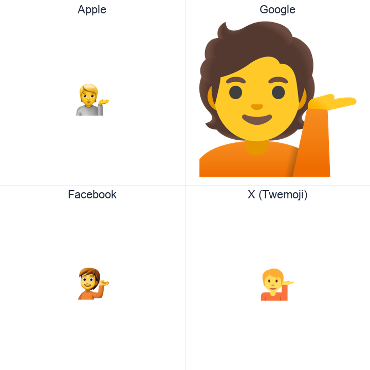 Information Desk Person emoji in a square grid: Apple and Google on the top row, Facebook and X Twemoji on the bottom, on white.