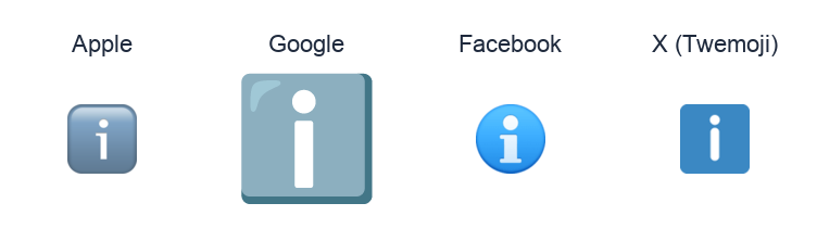 Information Source emoji artwork compared side by side for Apple, Google Noto, Facebook, and X Twemoji styles on white.