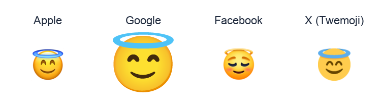 Smiling Face With Halo emoji artwork compared side by side for Apple, Google Noto, Facebook, and X Twemoji styles on white.