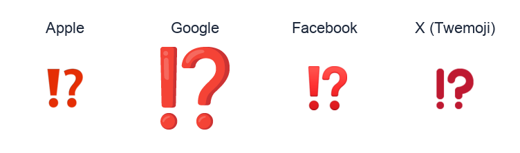 Exclamation Question Mark emoji artwork compared side by side for Apple, Google Noto, Facebook, and X Twemoji styles on white.