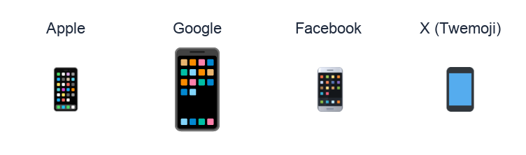 Mobile Phone emoji artwork compared side by side for Apple, Google Noto, Facebook, and X Twemoji styles on white.