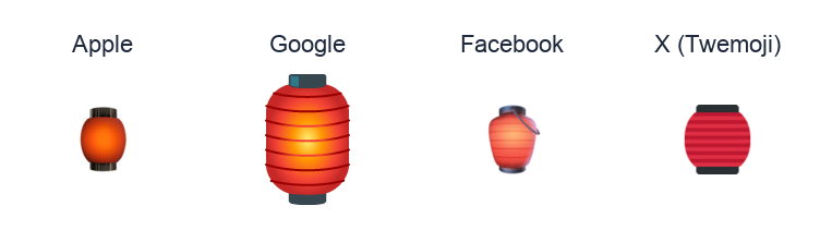 Izakaya Lantern emoji artwork compared side by side for Apple, Google Noto, Facebook, and X Twemoji styles on white.