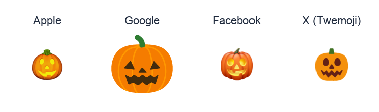 Jack-O-Lantern emoji artwork compared side by side for Apple, Google Noto, Facebook, and X Twemoji styles on white.