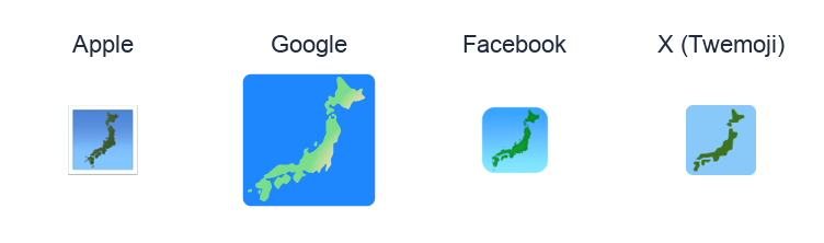 Silhouette Of Japan emoji artwork compared side by side for Apple, Google Noto, Facebook, and X Twemoji styles on white.