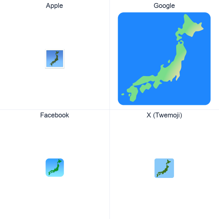 Silhouette Of Japan emoji in a square grid: Apple and Google on the top row, Facebook and X Twemoji on the bottom, on white.