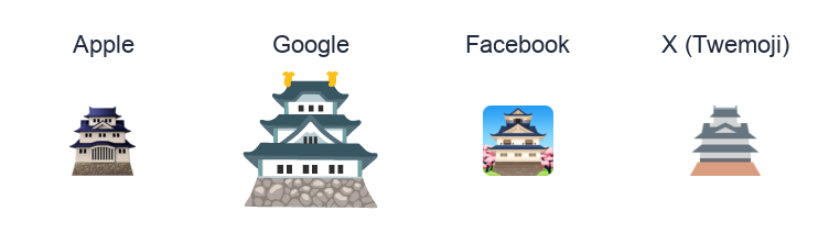 Japanese Castle emoji artwork compared side by side for Apple, Google Noto, Facebook, and X Twemoji styles on white.