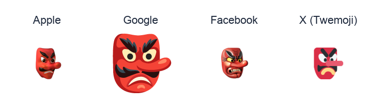 Japanese Goblin emoji artwork compared side by side for Apple, Google Noto, Facebook, and X Twemoji styles on white.