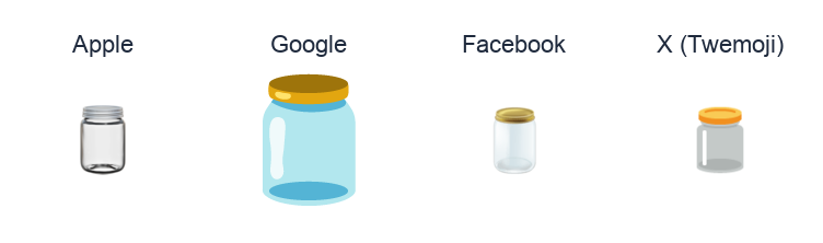 Jar emoji artwork compared side by side for Apple, Google Noto, Facebook, and X Twemoji styles on white.
