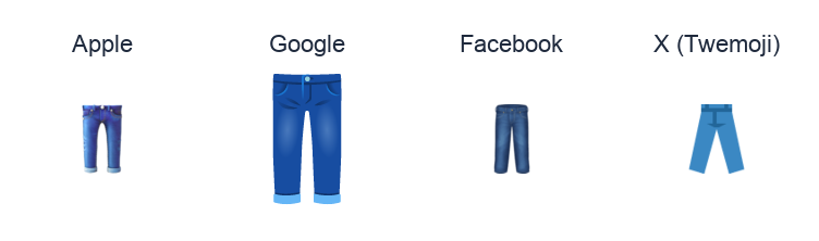 Jeans emoji artwork compared side by side for Apple, Google Noto, Facebook, and X Twemoji styles on white.