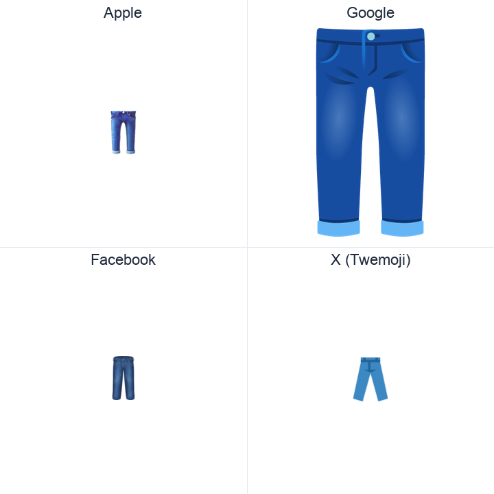 Jeans emoji in a square grid: Apple and Google on the top row, Facebook and X Twemoji on the bottom, on white.