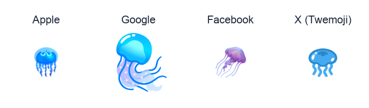 Jellyfish emoji artwork compared side by side for Apple, Google Noto, Facebook, and X Twemoji styles on white.