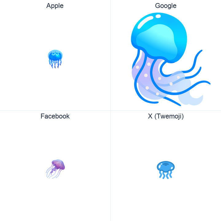 Jellyfish emoji in a square grid: Apple and Google on the top row, Facebook and X Twemoji on the bottom, on white.