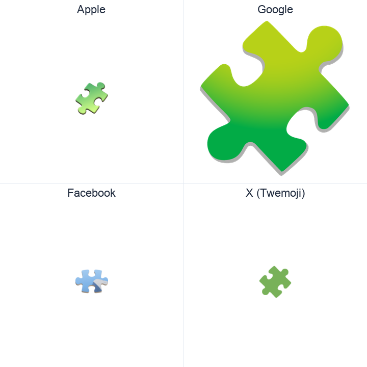 Jigsaw Puzzle Piece emoji in a square grid: Apple and Google on the top row, Facebook and X Twemoji on the bottom, on white.