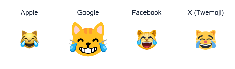Cat Face With Tears Of Joy emoji artwork compared side by side for Apple, Google Noto, Facebook, and X Twemoji styles on white.