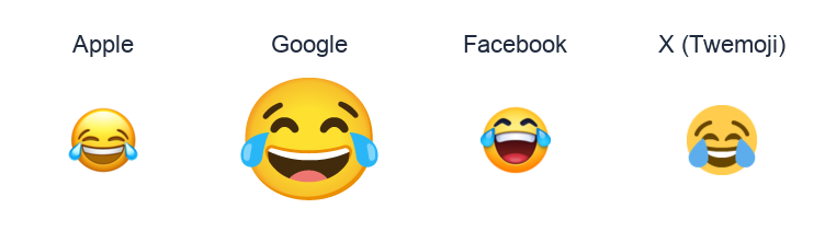 Face With Tears Of Joy emoji artwork compared side by side for Apple, Google Noto, Facebook, and X Twemoji styles on white.