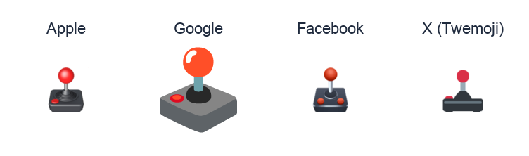 Joystick emoji artwork compared side by side for Apple, Google Noto, Facebook, and X Twemoji styles on white.
