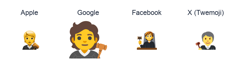 Judge emoji artwork compared side by side for Apple, Google Noto, Facebook, and X Twemoji styles on white.